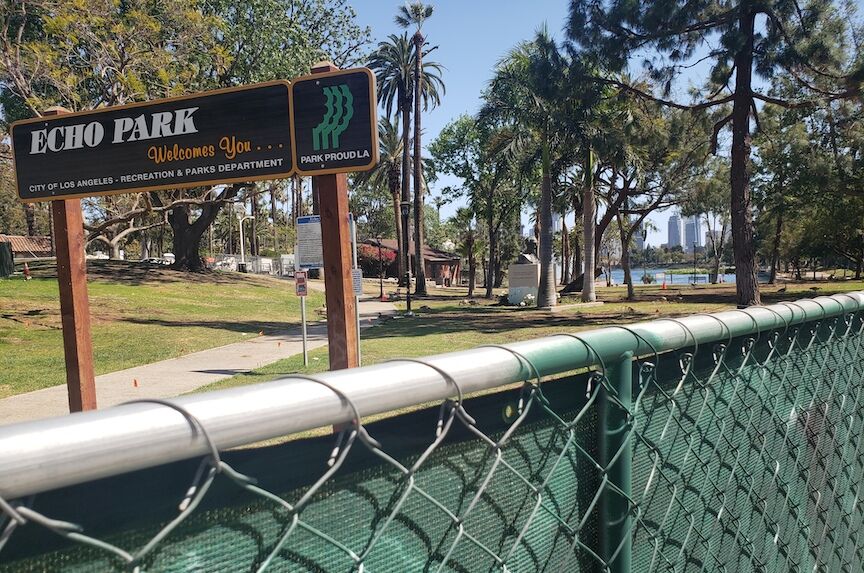Echo Park Lake behind a fence